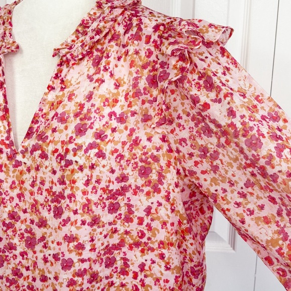J. Crew Pink Floral Dainty Ruffle V-Neck Long Sleeve Blouse Medium - Picture 7 of 16